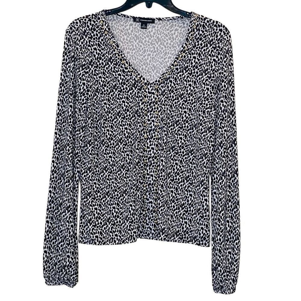 INC International Concepts Printed Studded Long Sleeve Top Black White Size XS